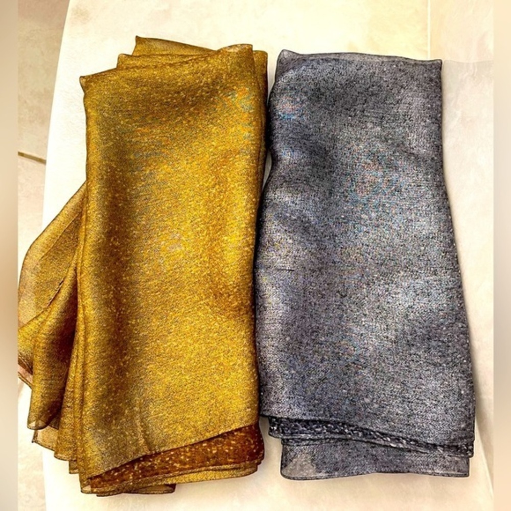 Set of 2 Cynthia Rowley 100% Silk Metallic Sheen Scarf Gold Brown & Silver Blue